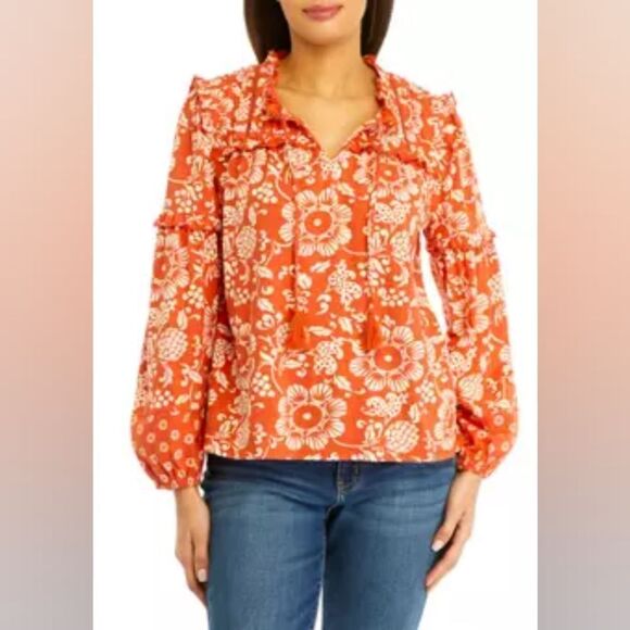 Wonderly Orange and White Ruffled Tie Front Cotton Blouse Top Size XL NWT - Picture 1 of 16